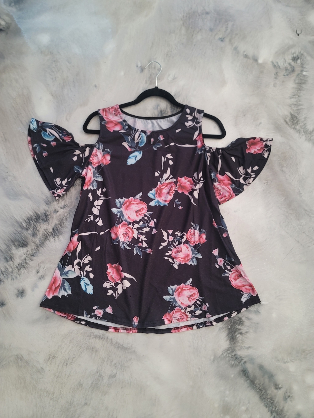 Floral Cold-Shoulder Women’s Top - Pink Rose on Black